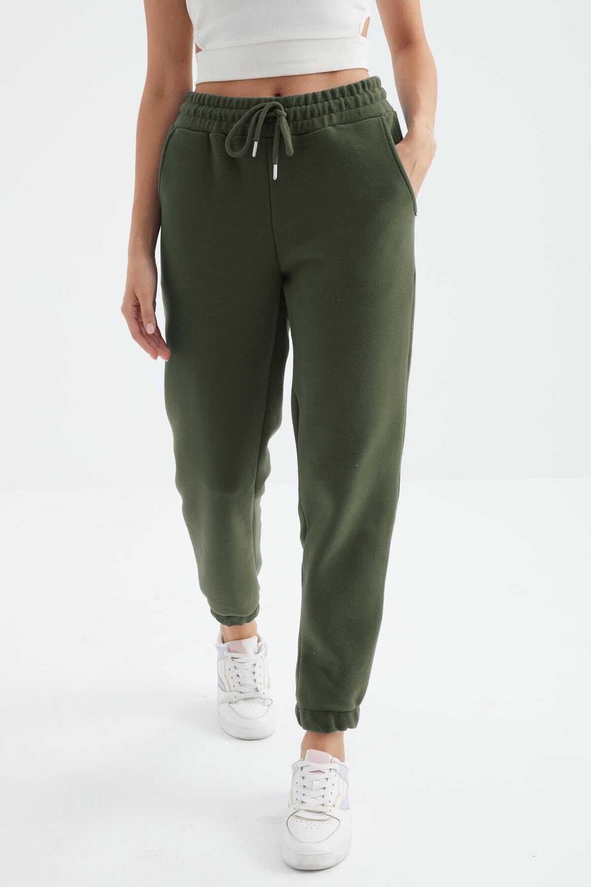 Çağla Yüksek Bel Basic Bağcıklı Jogger Polar Kadın Eşofman Alt - 94622