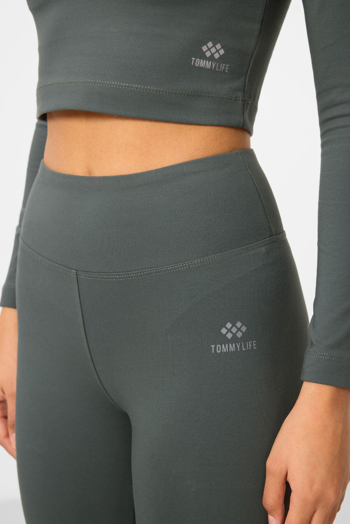 Çağla Yüksek Bel Uzun Kollu Slim Fit Crop Top Kadın Tayt Takım - 95286