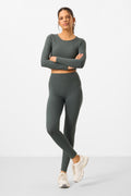 Olive High Waist Long Sleeve Slim Fit Crop Top Women's Leggings Set - 95286