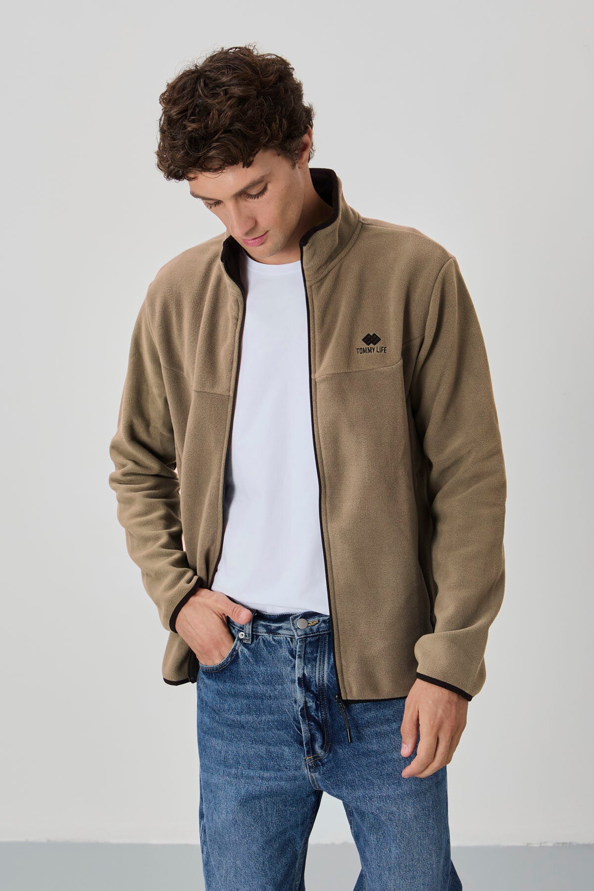 Camel Yazı Nakışlı Dik Yaka Fermuarlı Standart Kalıp Erkek Sweatshirt Polar - 87992