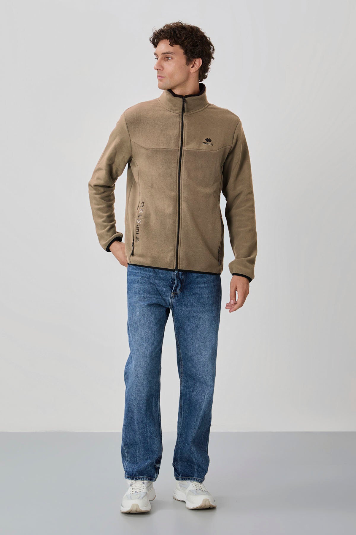 Camel Yazı Nakışlı Dik Yaka Fermuarlı Standart Kalıp Erkek Sweatshirt Polar - 87992