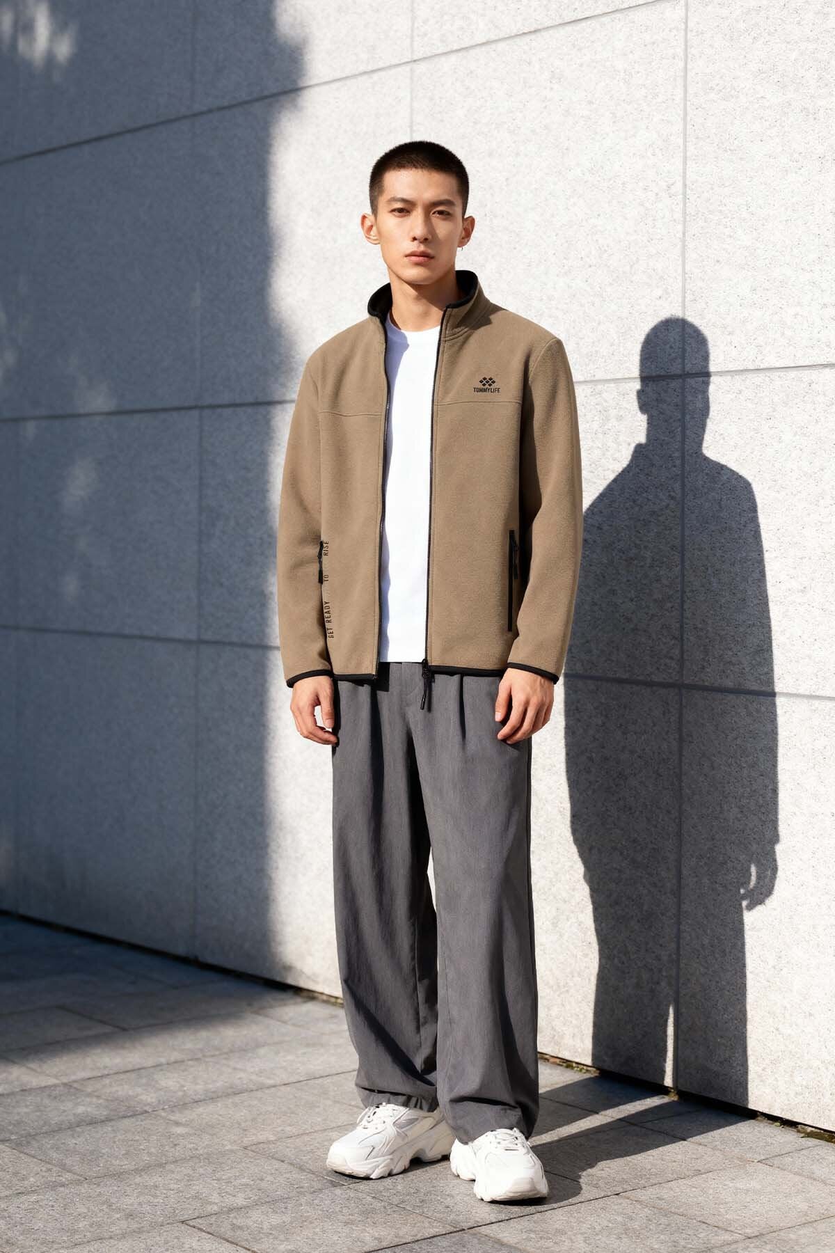 Camel Yazı Nakışlı Dik Yaka Fermuarlı Standart Kalıp Erkek Sweatshirt Polar - 87992