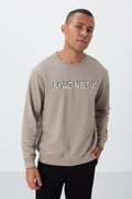 Camel Embroidered Lettering Crew Neck Relaxed Fit Fleece-Lined Men's Sweatshirt - 88020