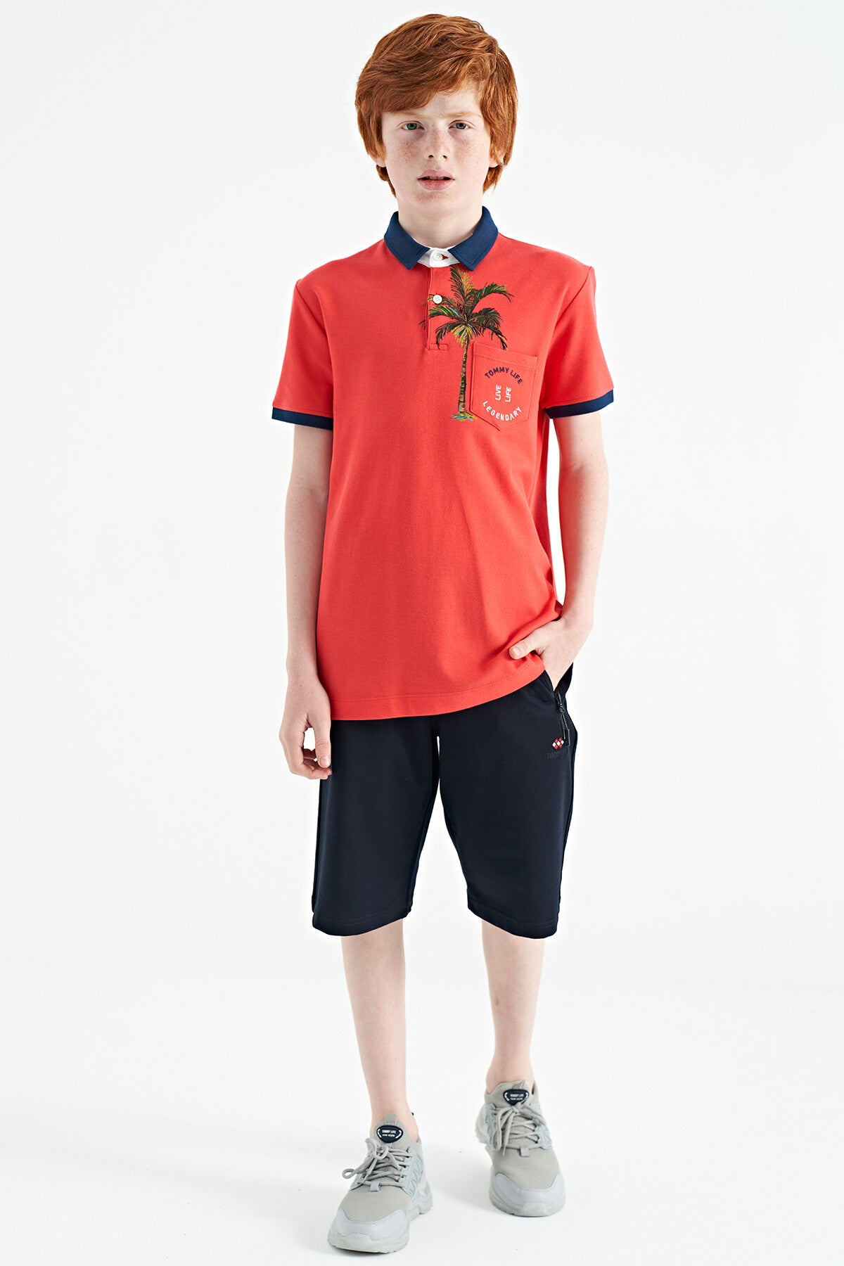 Coral Baskılı Cep Detaylı Standart Kalıp Polo Yaka Erkek Çocuk T-Shirt - 11144