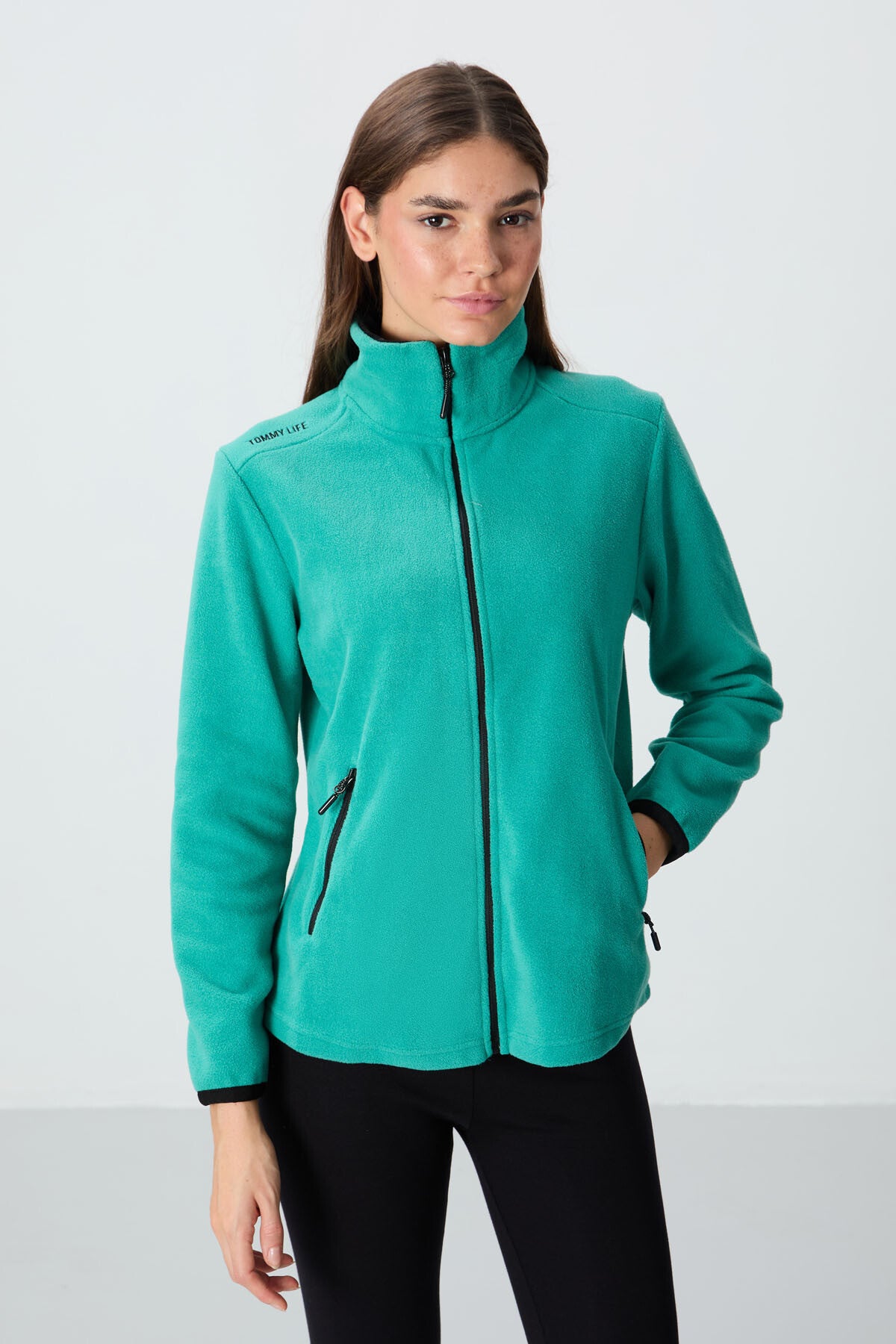 Deniz Yeşili Dik Yaka Fermuarlı Rahat Form Kadın Polar Sweatshirt - 97173