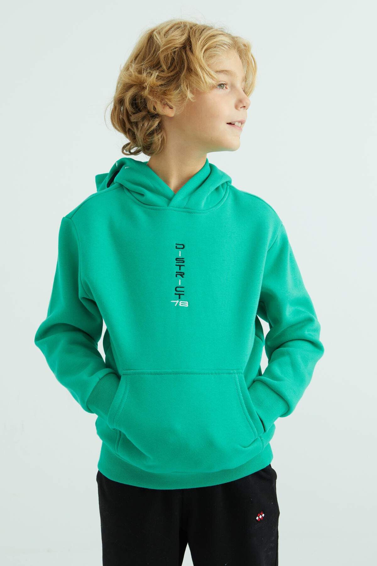 Deniz Yeşili Ön Ve Kapüşon Yazı Detaylı Standart Kalıp Erkek Çocuk Sweatshirt - 11037