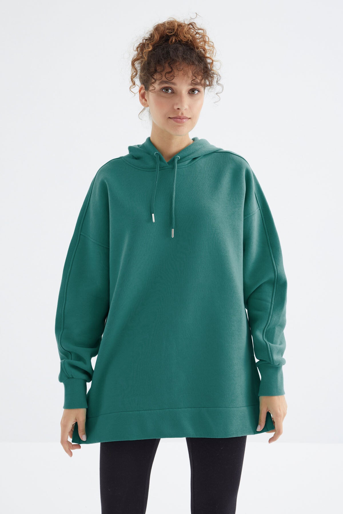 Deniz Yeşili Reglan Kol Basic Kapüşonlu Oversize Sweatshirt Tunik - 97242