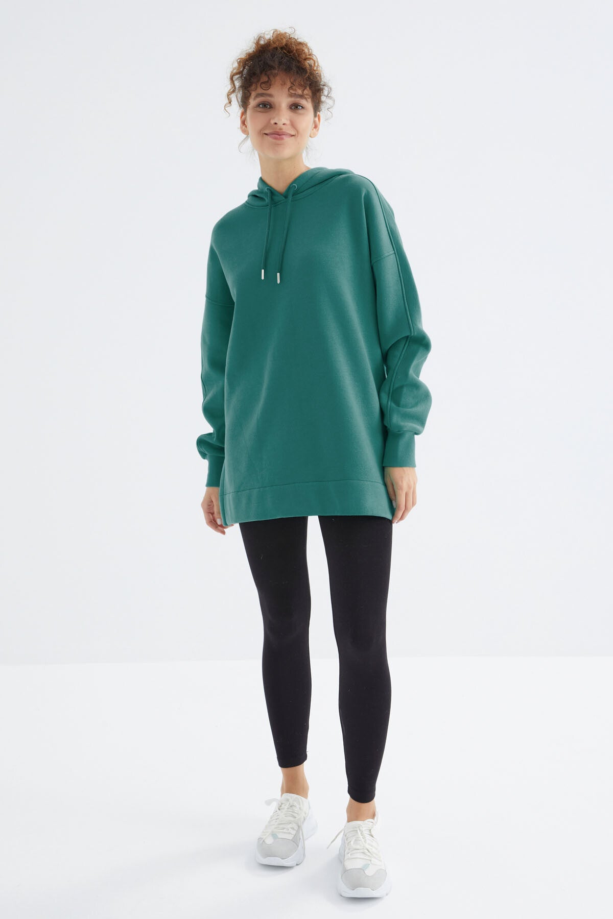 Deniz Yeşili Reglan Kol Basic Kapüşonlu Oversize Sweatshirt Tunik - 97242
