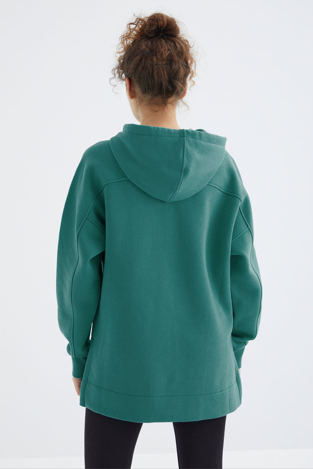 Deniz Yeşili Reglan Kol Basic Kapüşonlu Oversize Sweatshirt Tunik - 97242