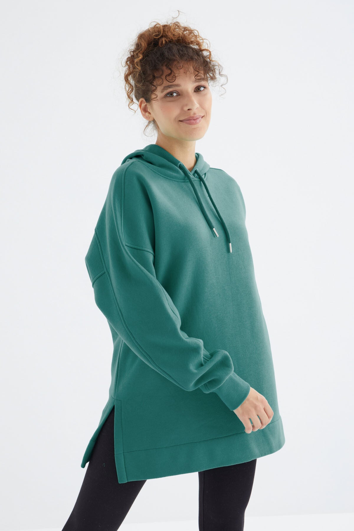 Deniz Yeşili Reglan Kol Basic Kapüşonlu Oversize Sweatshirt Tunik - 97242