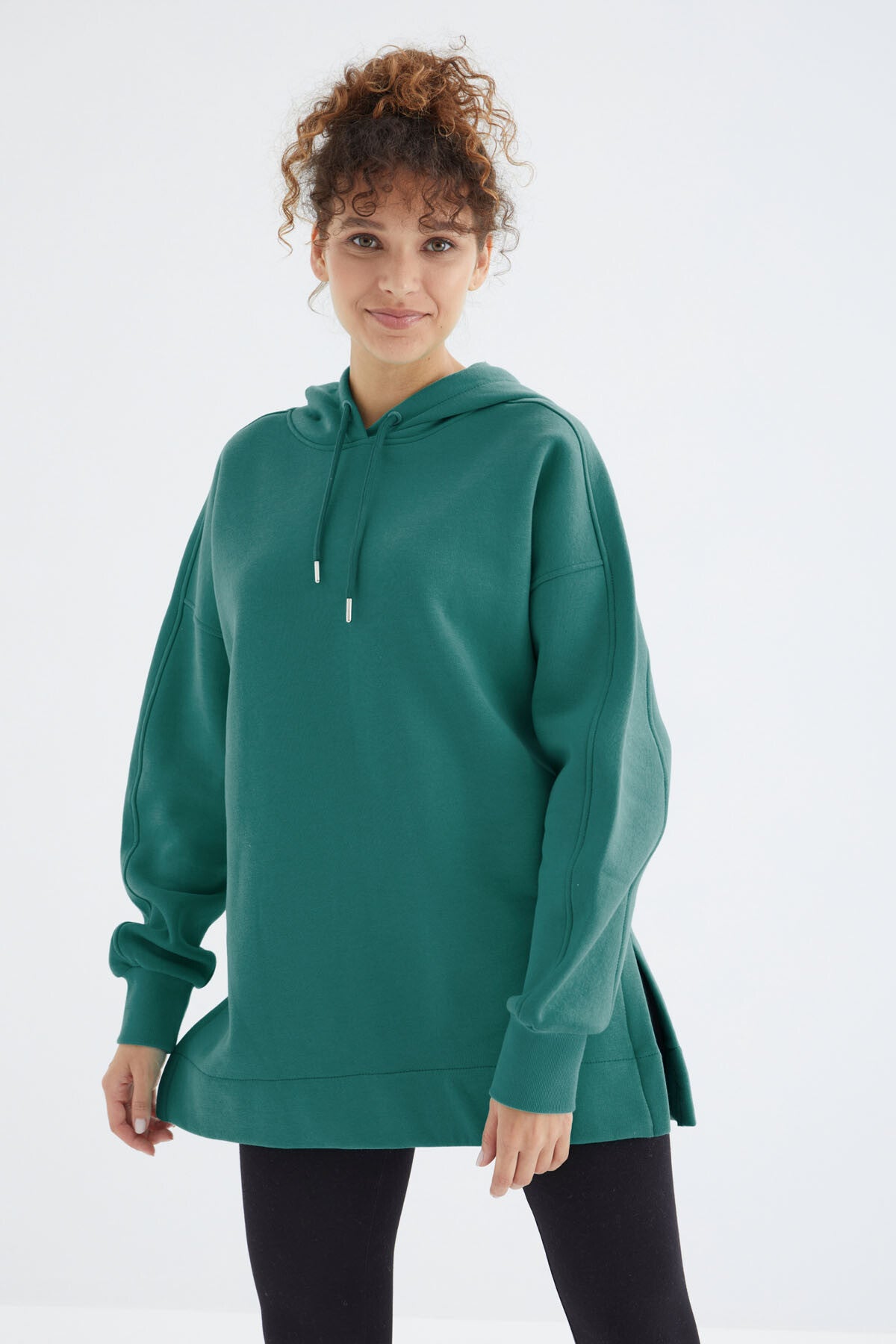 Deniz Yeşili Reglan Kol Basic Kapüşonlu Oversize Sweatshirt Tunik - 97242