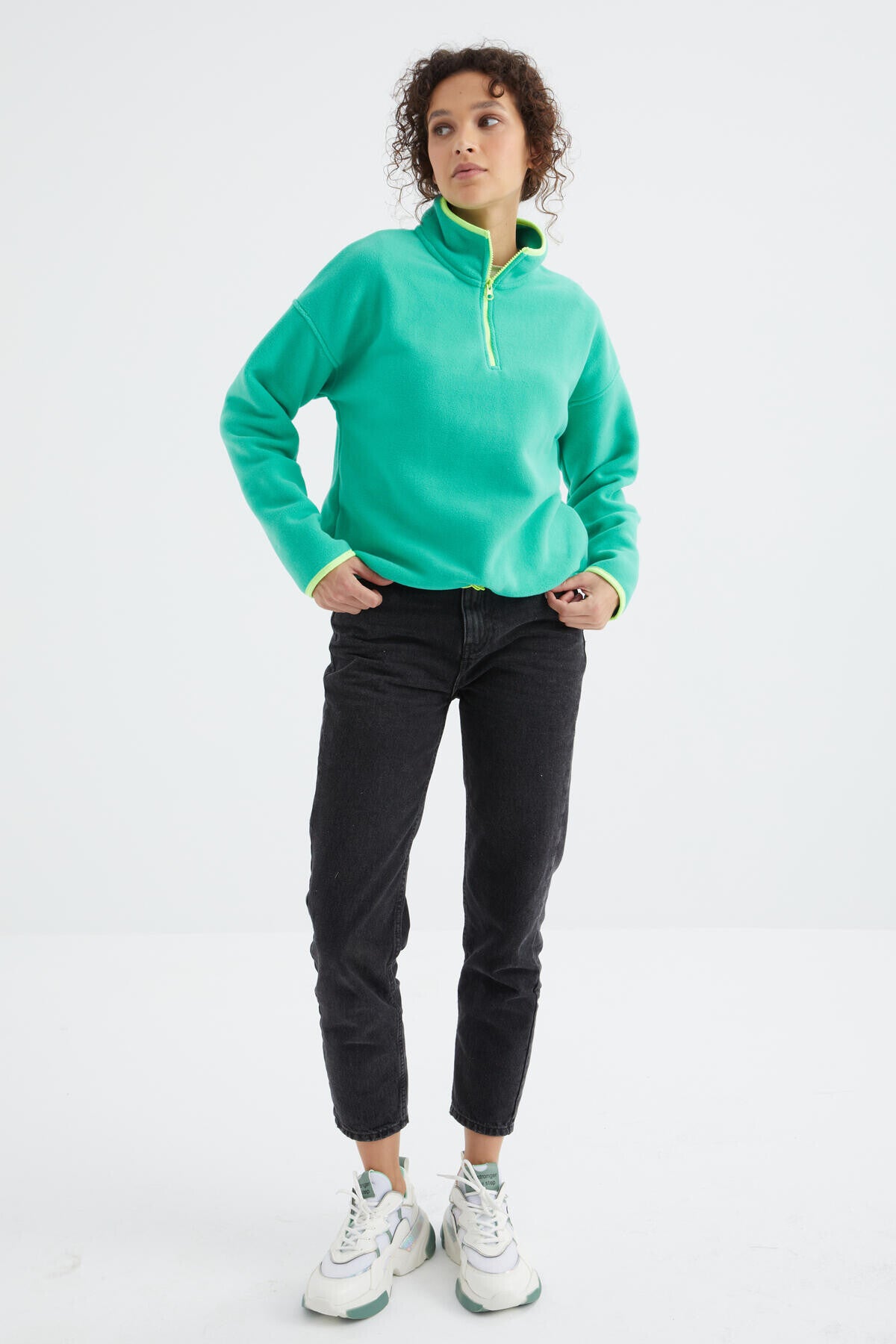 Deniz Yeşili Yarım Fermuar Etek Ucu Büzgülü Dik Yaka Oversize Kadın Polar Sweatshirt - 97234