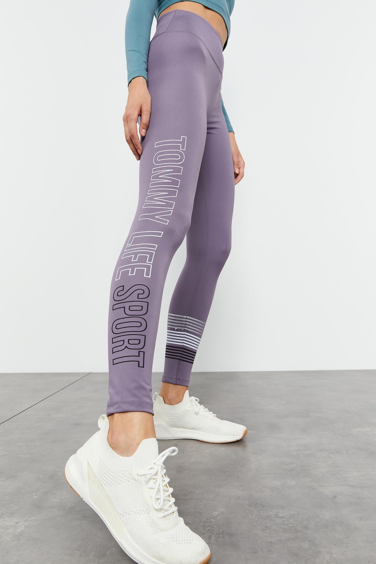 Eflatun Yüksek Bel Yazı Baskılı Slim Fit Dar Paça Kadın Tayt - 94544