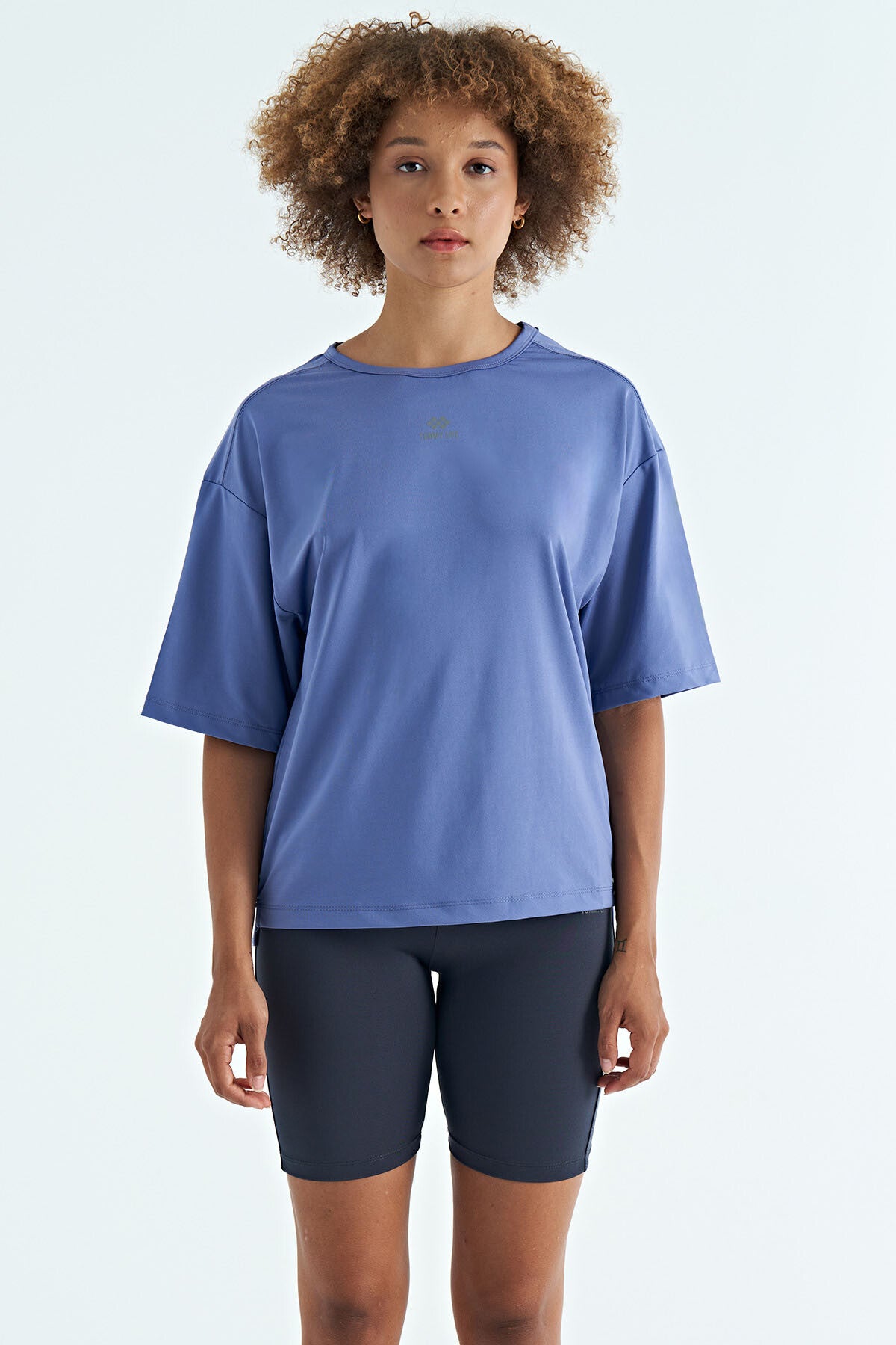 Eflatun O Yaka Baskı Detaylı Oversize Kısa Kol Kadın T-Shirt - 97263