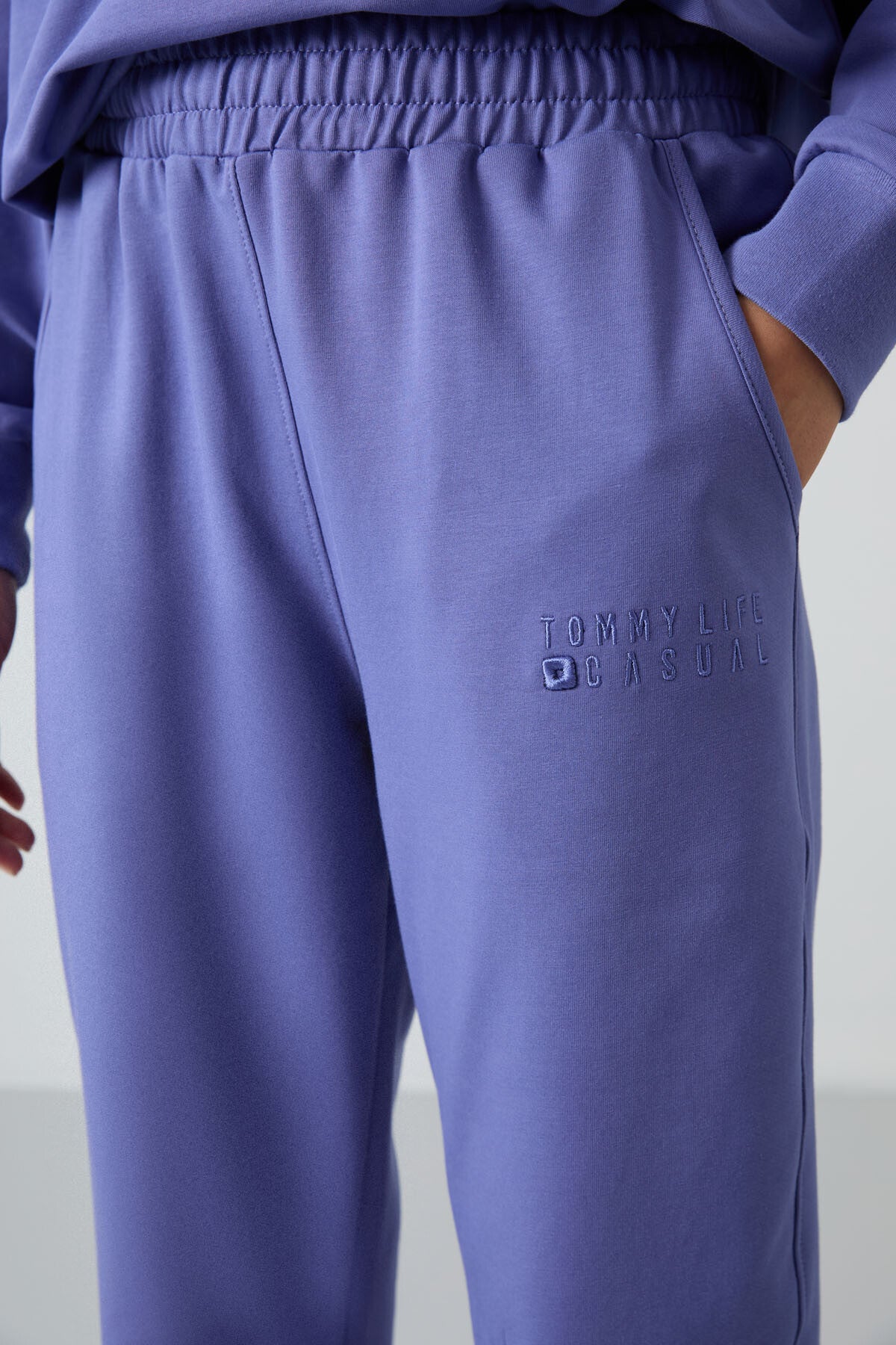 Eflatun Basic Pamuklu O Yaka Oversize Lastik Paça Kadın Eşofman Takım - 95287