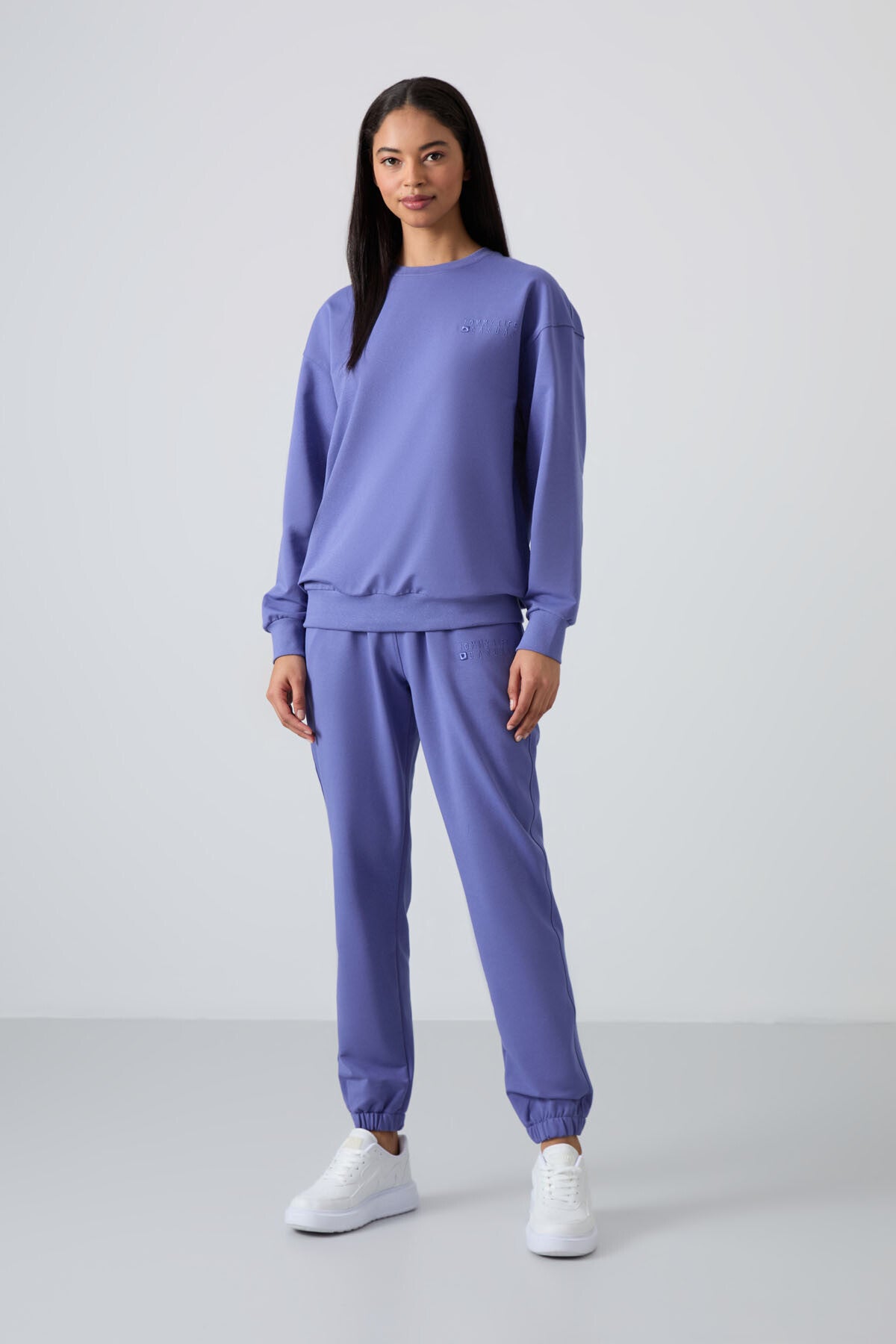 Eflatun Basic Pamuklu O Yaka Oversize Lastik Paça Kadın Eşofman Takım - 95287