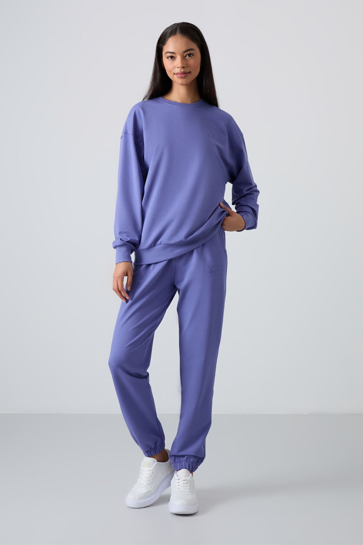 Eflatun Basic Pamuklu O Yaka Oversize Lastik Paça Kadın Eşofman Takım - 95287