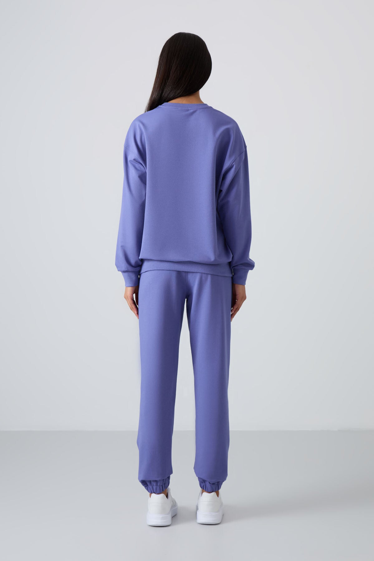 Eflatun Basic Pamuklu O Yaka Oversize Lastik Paça Kadın Eşofman Takım - 95287