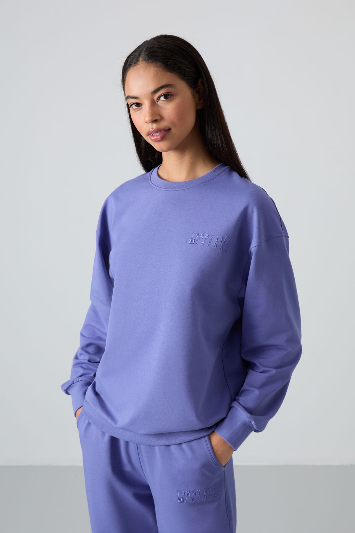 Eflatun Basic Pamuklu O Yaka Oversize Lastik Paça Kadın Eşofman Takım - 95287