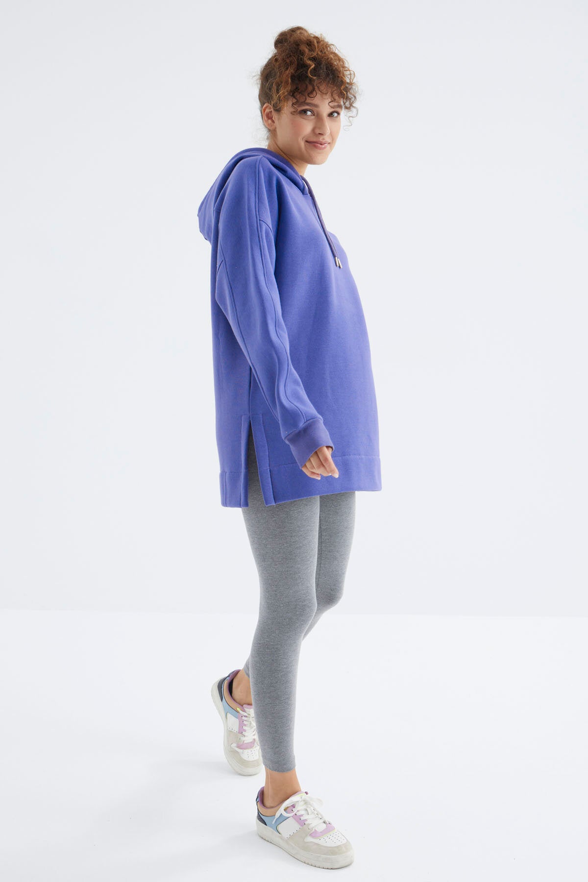 Eflatun Reglan Kol Basic Kapüşonlu Oversize Sweatshirt Tunik - 97242