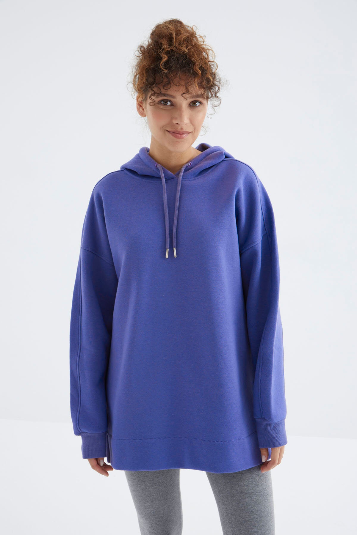 Eflatun Reglan Kol Basic Kapüşonlu Oversize Sweatshirt Tunik - 97242
