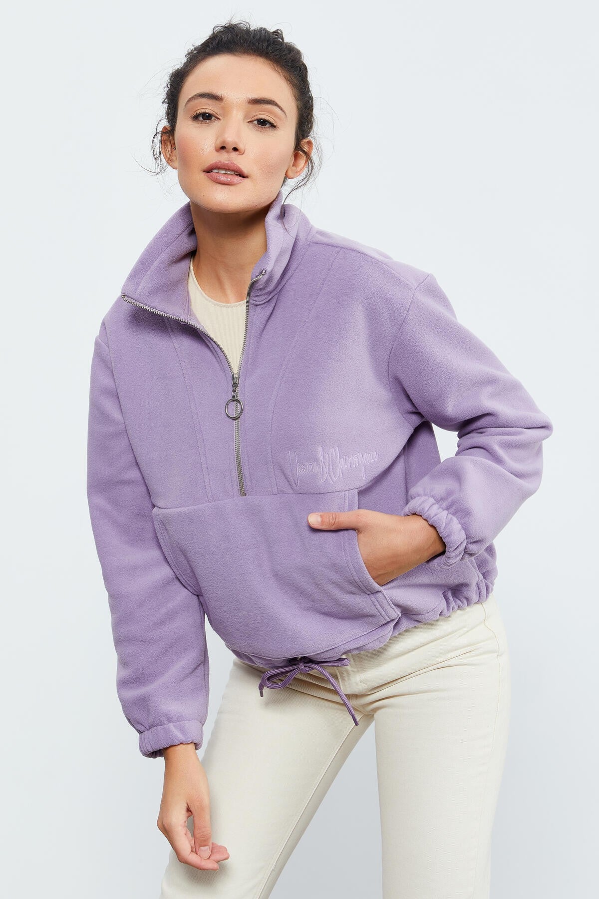 Eflatun Yarım Fermuar Etek Ucu Büzgülü Kadın Polar Oversize Sweatshirt - 97171