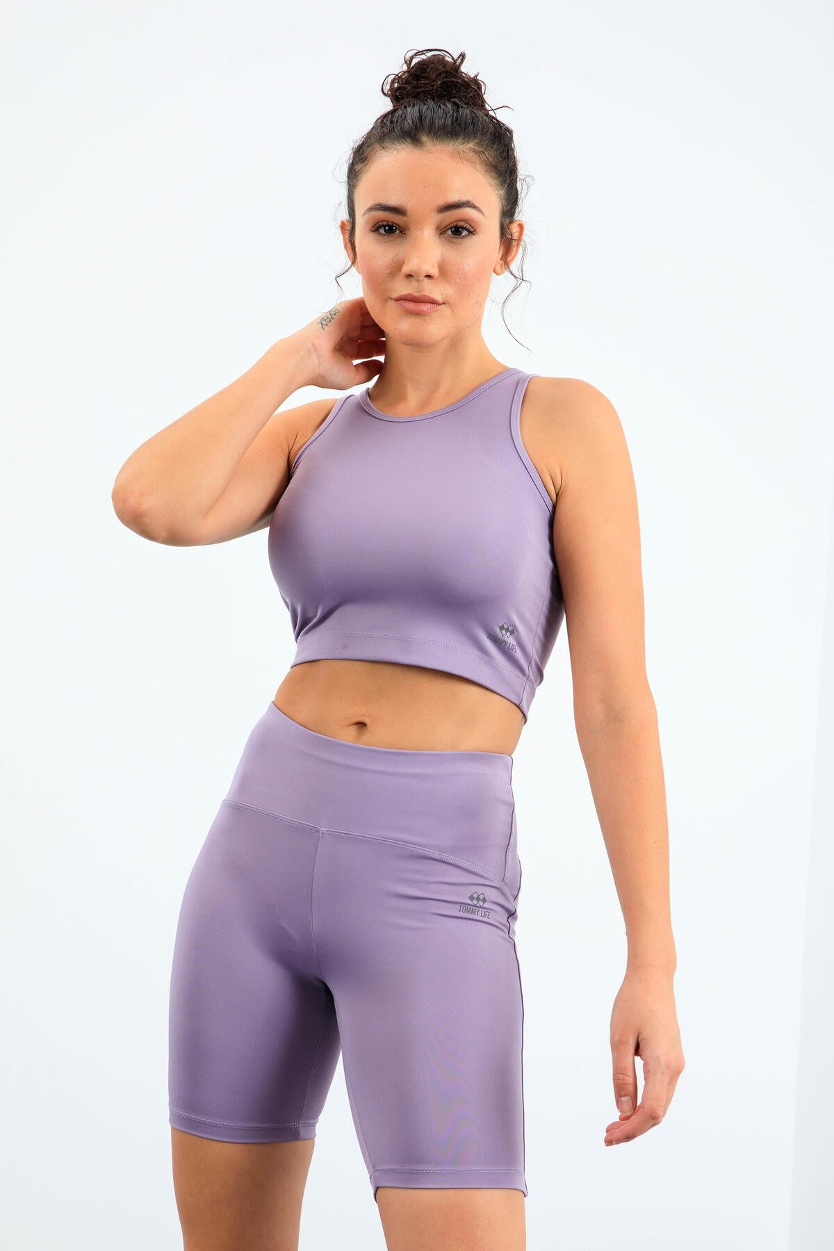 Eflatun Yüksek Bel Toparlayıcı Dar Kalıp Crop Biker Kadın Tayt Takım - 95302