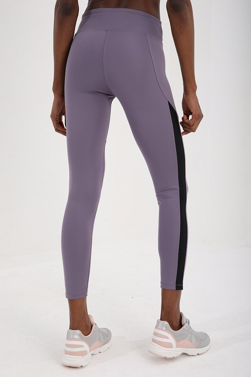 Eflatun Yüksek Bel Toparlayıcı Şerit Detaylı Slim Fit Dar Paça Kadın Tayt - 94542