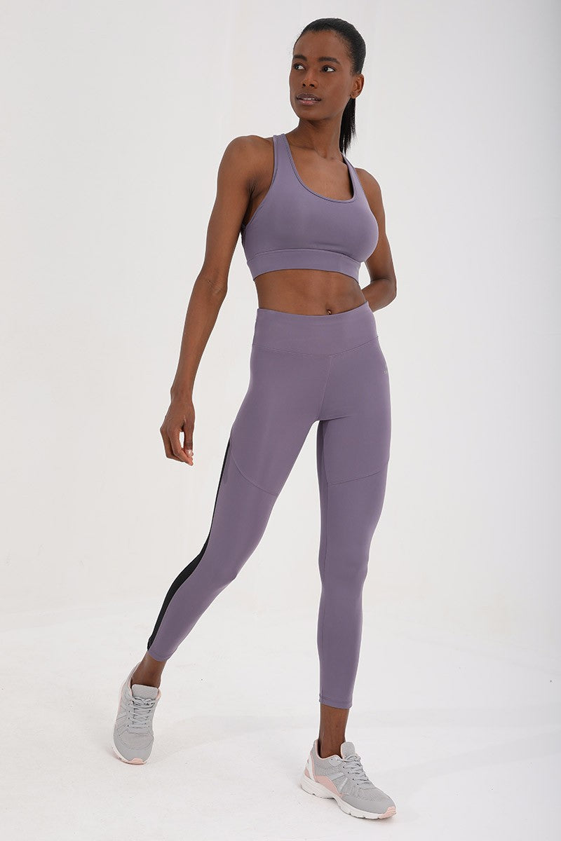 Eflatun Yüksek Bel Toparlayıcı Şerit Detaylı Slim Fit Dar Paça Kadın Tayt - 94542