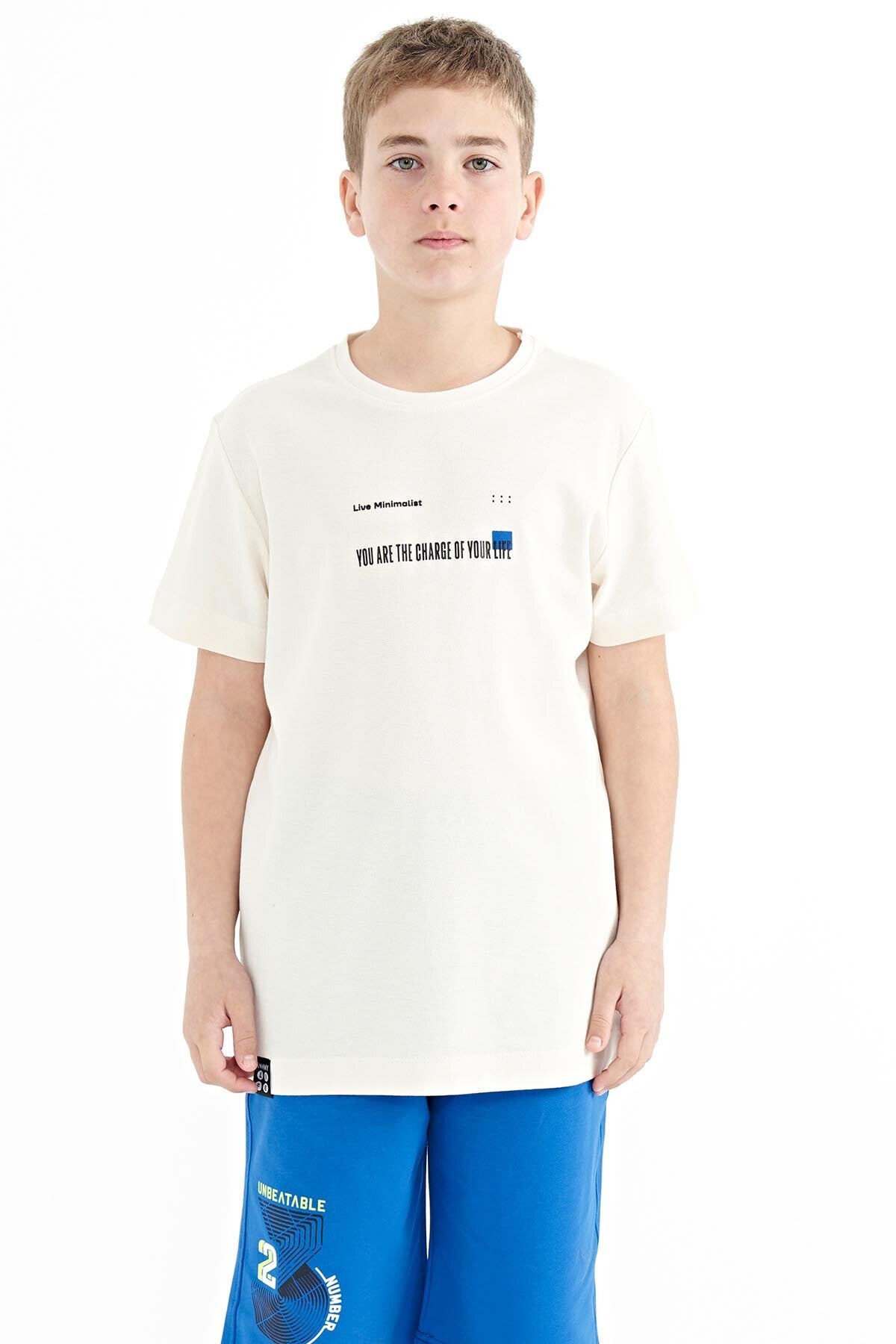 Ekru Baskı Detaylı O Yaka Standart Kalıp Erkek  Çocuk T-Shirt - 11117