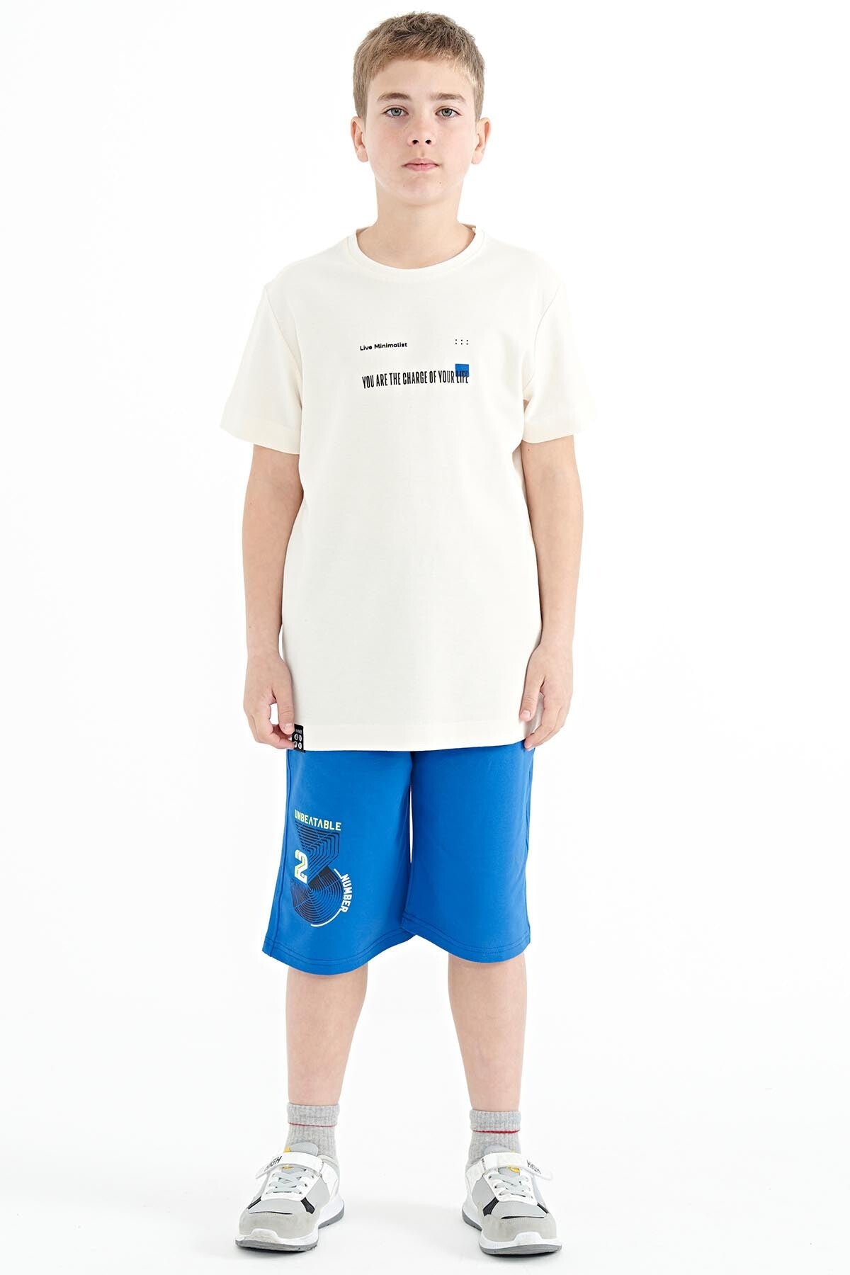 Ekru Baskı Detaylı O Yaka Standart Kalıp Erkek  Çocuk T-Shirt - 11117