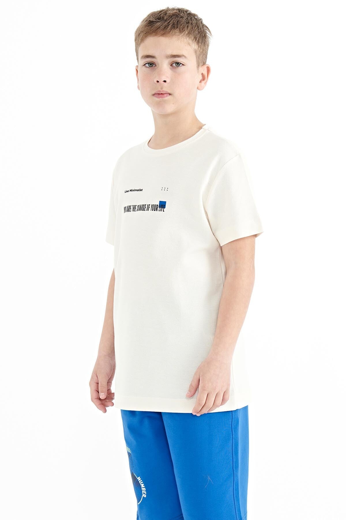 Ekru Baskı Detaylı O Yaka Standart Kalıp Erkek  Çocuk T-Shirt - 11117