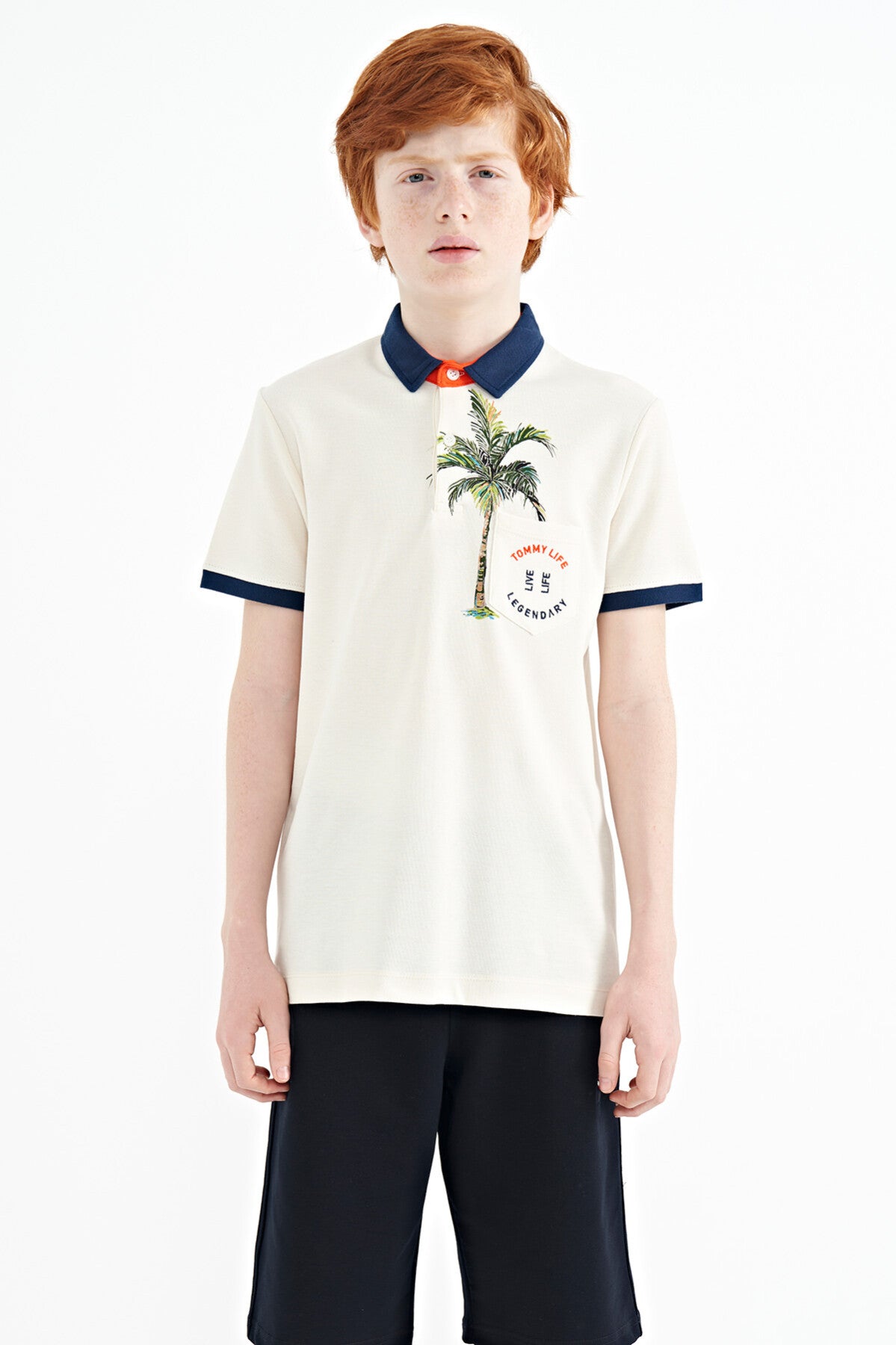 Ekru Baskılı Cep Detaylı Standart Kalıp Polo Yaka Erkek Çocuk T-Shirt - 11144