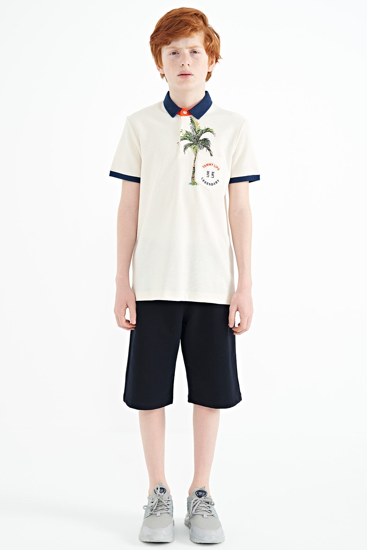 Ekru Baskılı Cep Detaylı Standart Kalıp Polo Yaka Erkek Çocuk T-Shirt - 11144