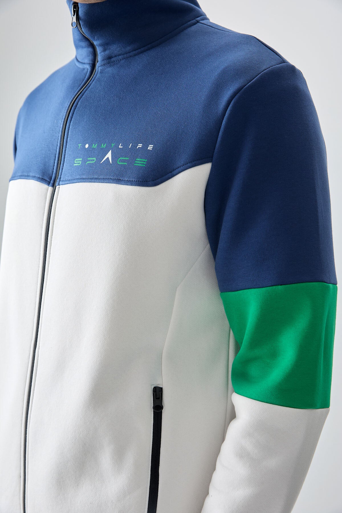 Ekru - İndigo Dik Yaka  Renk Geçişli İçi Polarlı Erkek Eşofman Takımı  - 85186