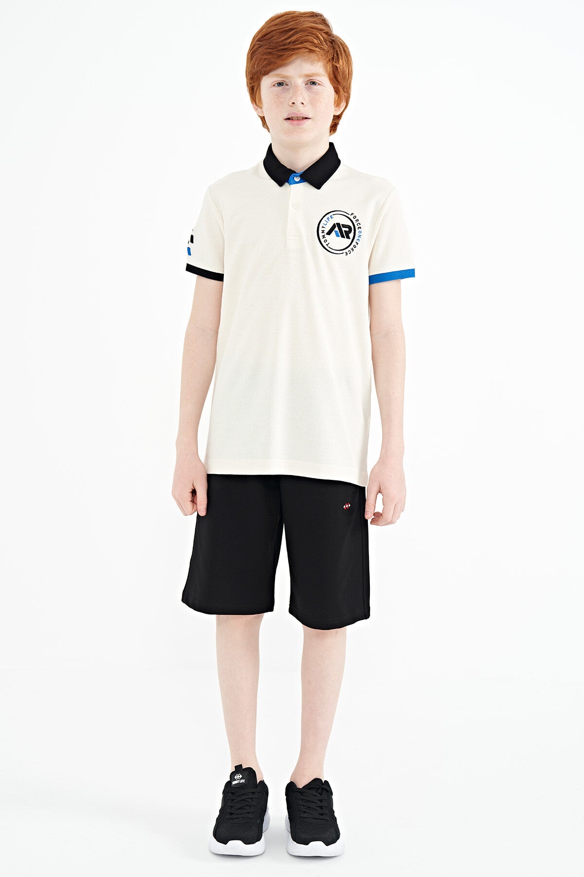 Ekru Kol Ucu Renkli Logo Nakışlı Standart Kalıp Polo Yaka Erkek Çocuk T-Shirt - 11138