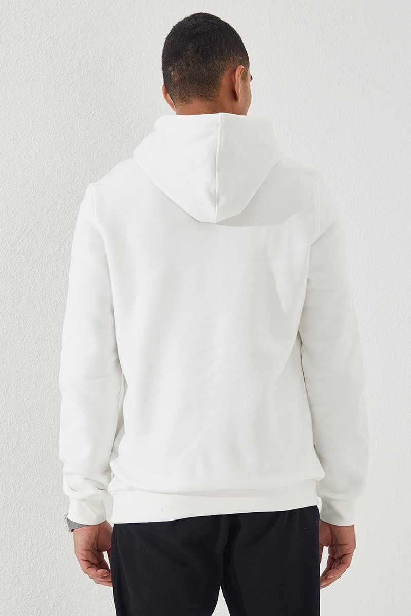 Ekru Nakışlı Kanguru Cep Standart Kalıp Kapüşonlu Erkek Sweatshirt - 87839