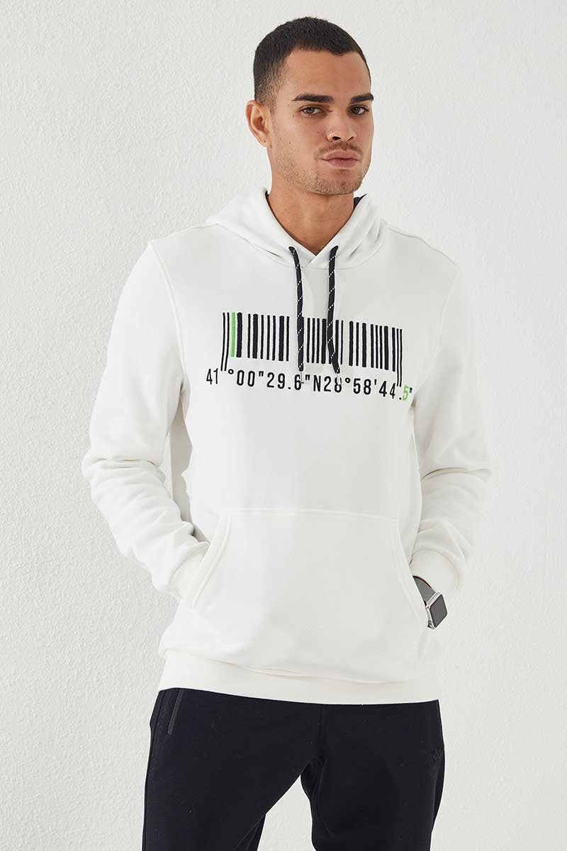 Ekru Nakışlı Kanguru Cep Standart Kalıp Kapüşonlu Erkek Sweatshirt - 87839