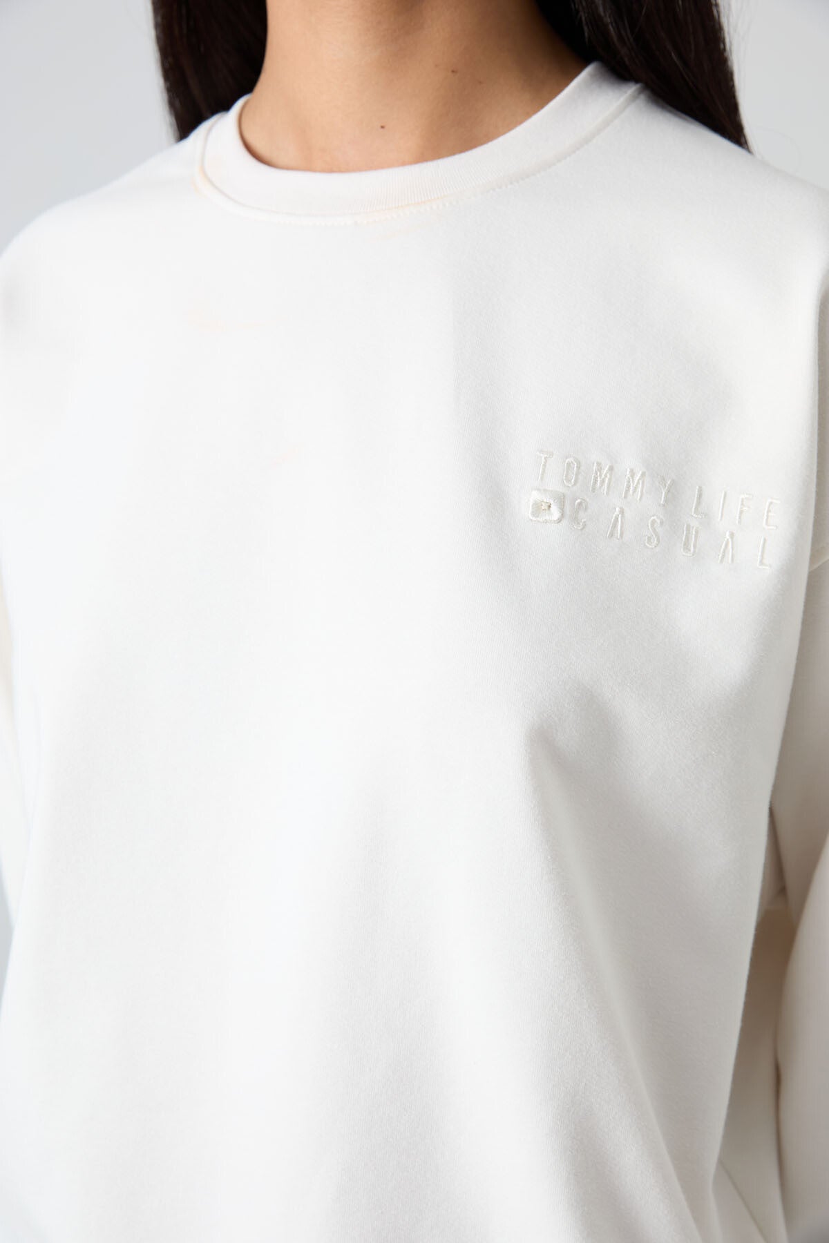 Ekru Basic Pamuklu O Yaka Oversize Lastik Paça Kadın Eşofman Takım - 95287