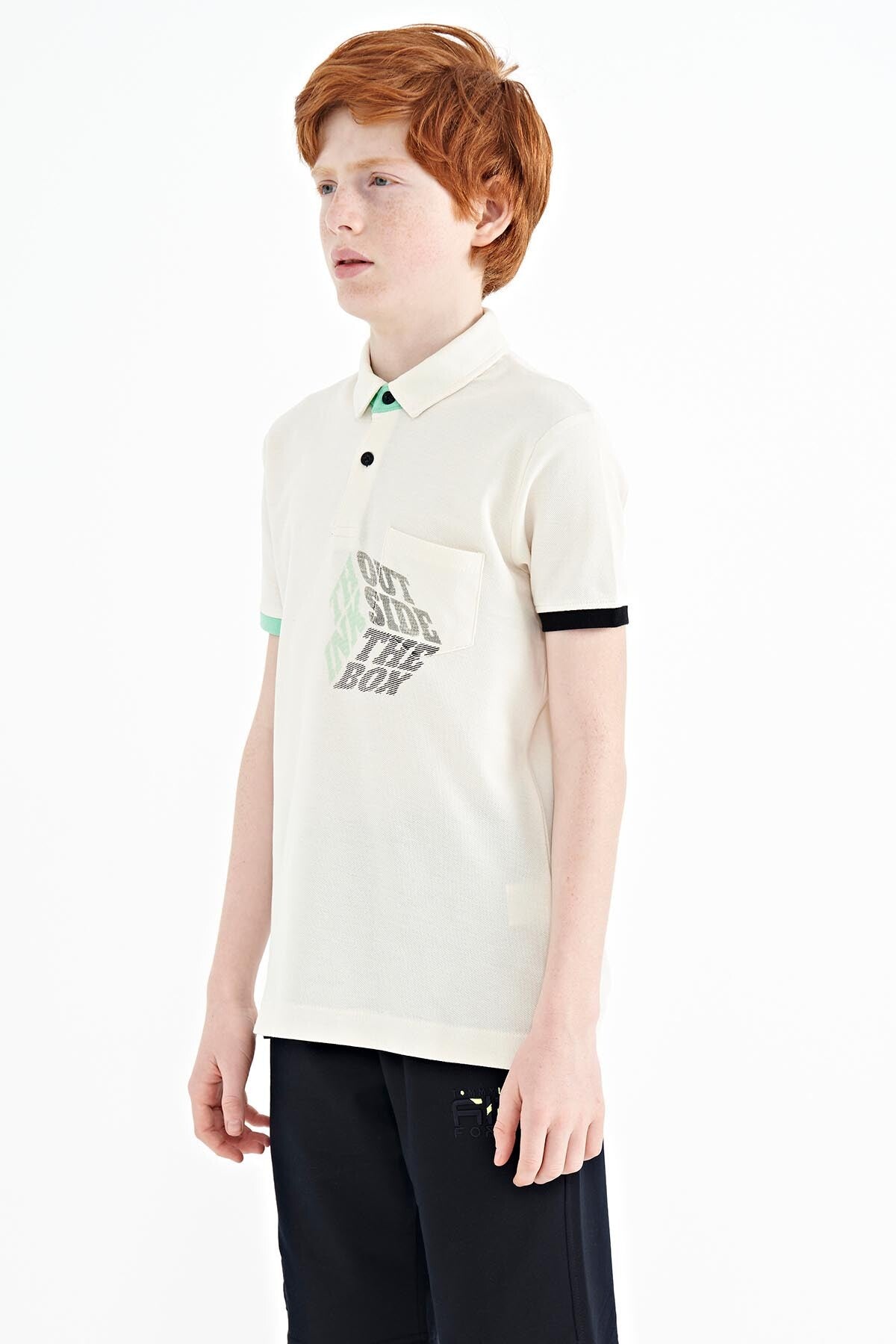 Ekru Ön Cep Detaylı Baskılı Standart Kalıp Polo Yaka Erkek Çocuk T-Shirt - 11102