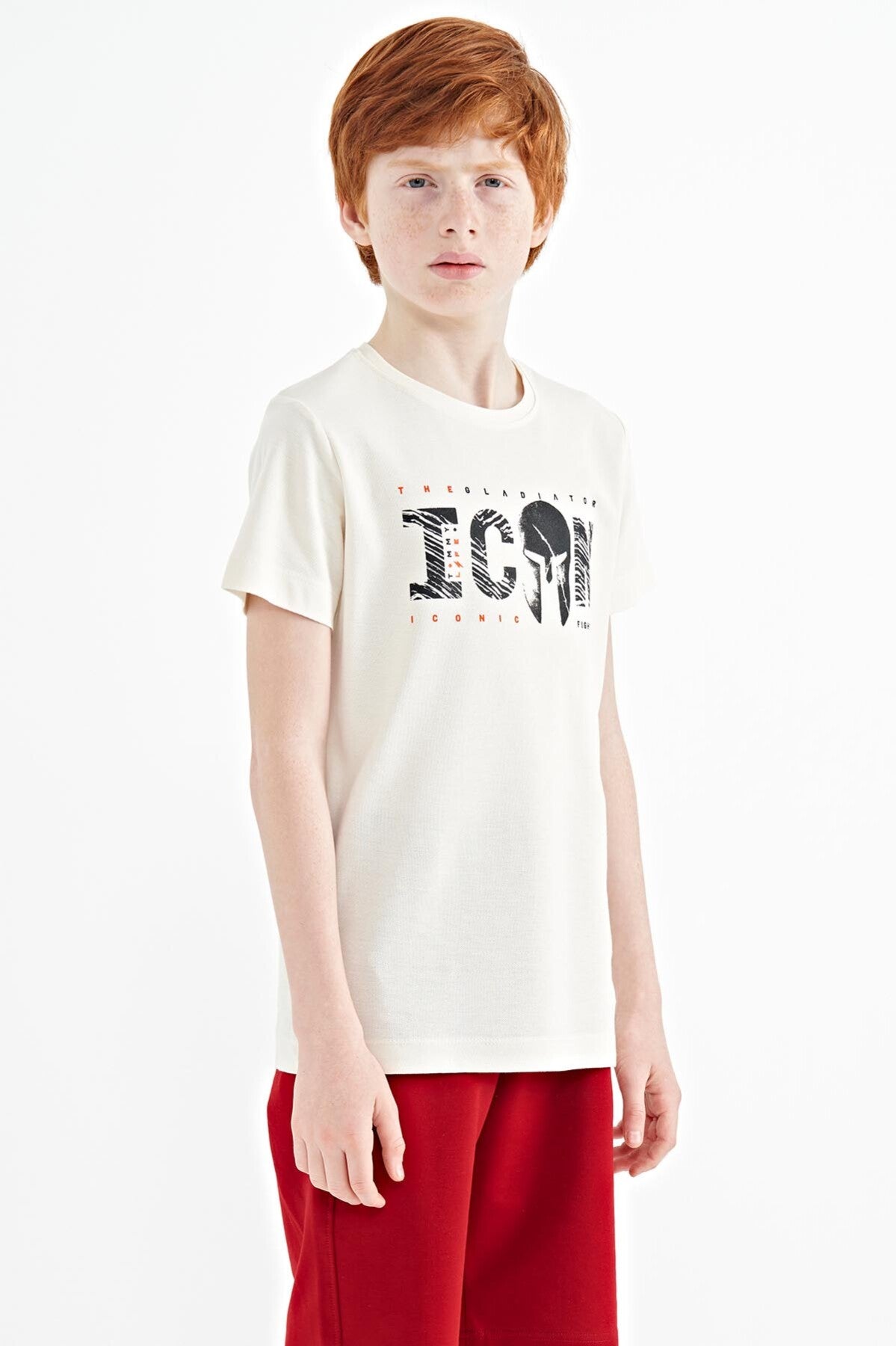Ekru Ön Yazı Nakışlı O Yaka Standart Kalıp Erkek  Çocuk T-Shirt - 11118