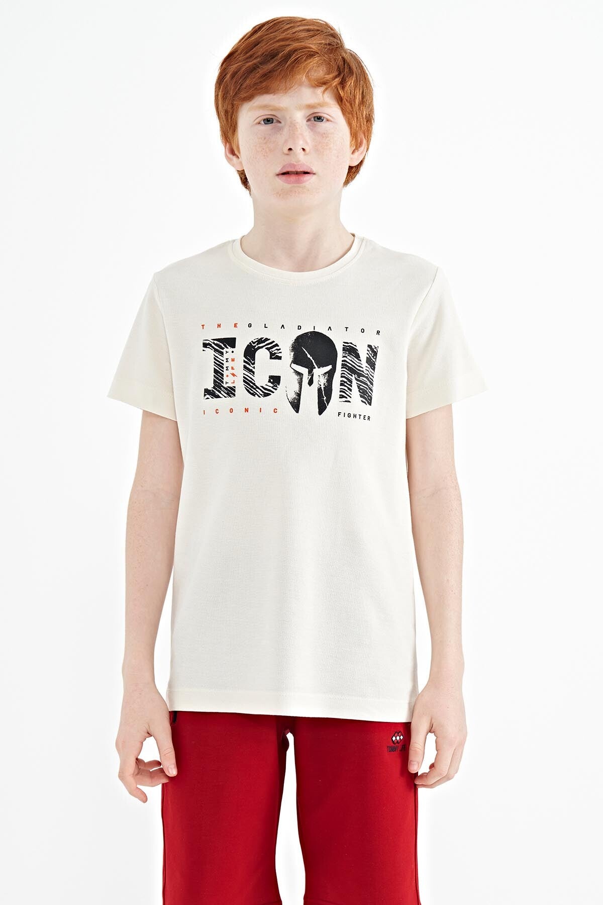Ekru Ön Yazı Nakışlı O Yaka Standart Kalıp Erkek  Çocuk T-Shirt - 11118