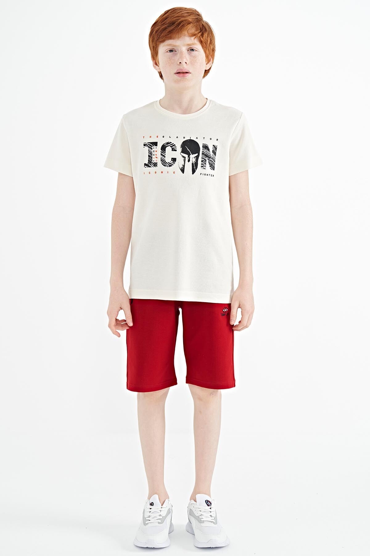 Ekru Ön Yazı Nakışlı O Yaka Standart Kalıp Erkek  Çocuk T-Shirt - 11118
