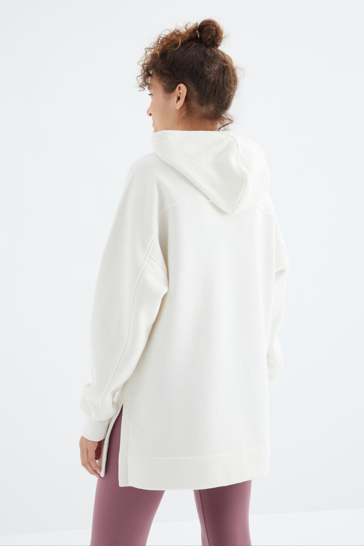 Ekru Reglan Kol Basic Kapüşonlu Oversize Sweatshirt Tunik - 97242