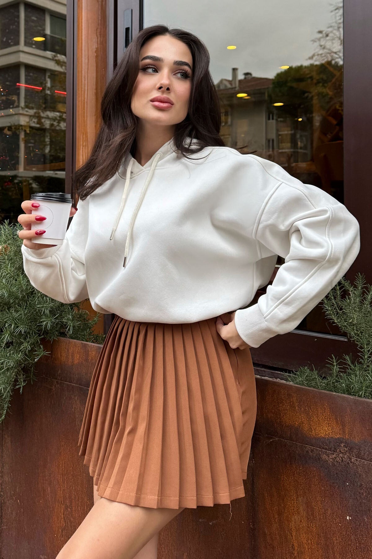 Ekru Reglan Kol Basic Kapüşonlu Oversize Sweatshirt Tunik - 97242