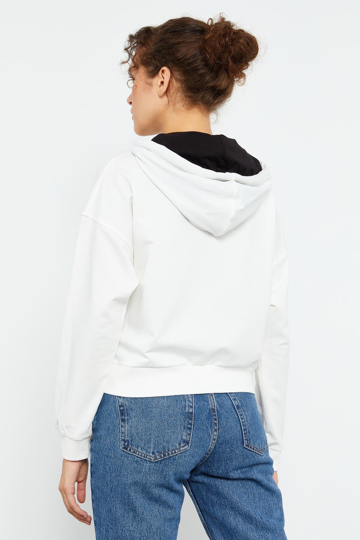 Ekru Uzun Kol Rahat Form Kapüşonlu Kadın Sweatshirt - 97115