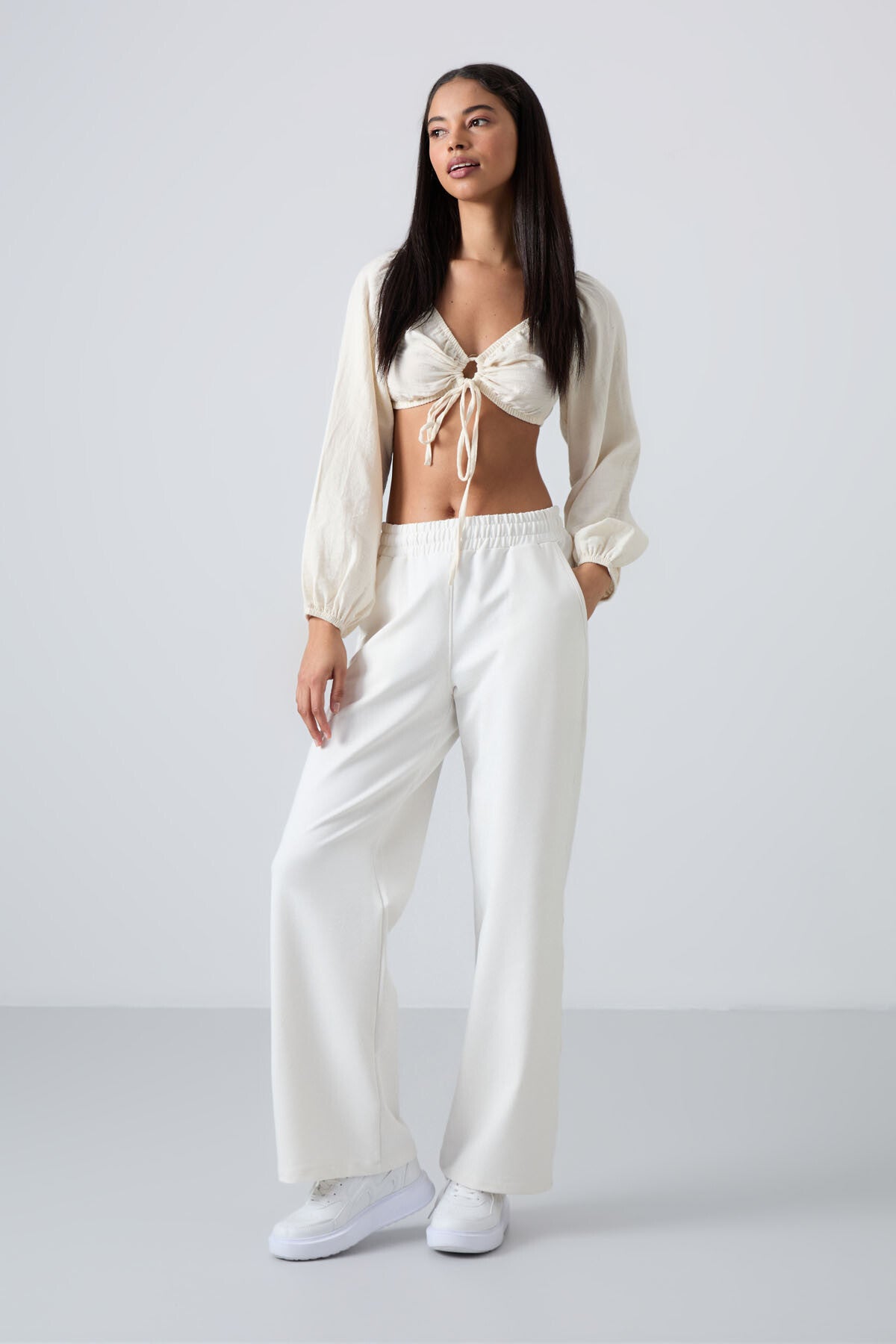 Ekru Yüksek Bel Cepli Rahat Form Geniş Paça Kadın Eşofman Alt - 94567