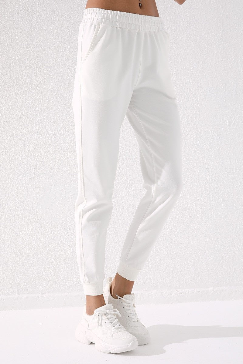 Ekru Yüksek Bel Jogger Rahat Form Manşetli Kadın Eşofman Alt - 94561