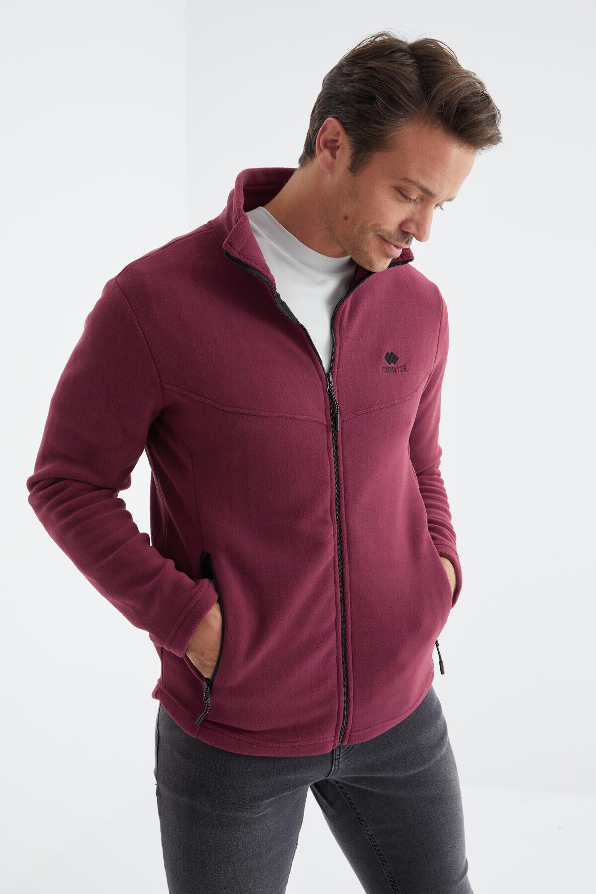 Erguvan Fermuarlı Dik Yaka Standart Kalıp Erkek Polar Sweatshirt - 88134