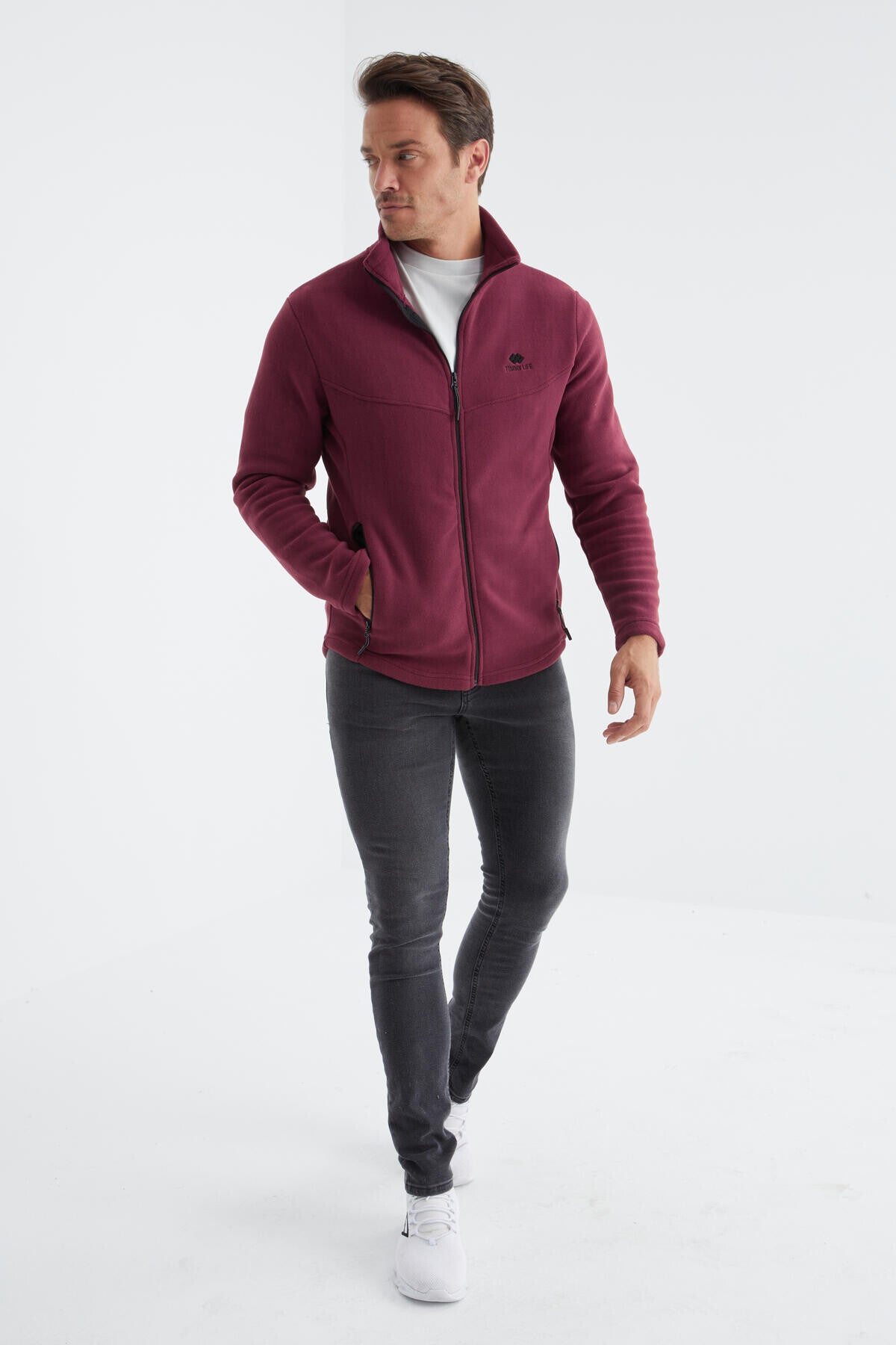 Erguvan Fermuarlı Dik Yaka Standart Kalıp Erkek Polar Sweatshirt - 88134
